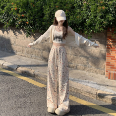 批发<b class='q'>可爱</b>猫咪印花休闲裤女夏季新款高腰显瘦慵懒垂坠感拖地裤