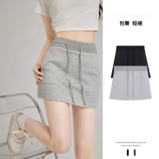 批发<b class='q'>大码</b>运动风包臀短裙卫裙辣妹显瘦抽绳休闲灰色半身裙女2024新款