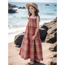 批发<b class='q'>女童</b>连<b class='q'>衣裙</b>夏装2024新款洋气格子大裙摆中大波西米亚长裙沙滩裙
