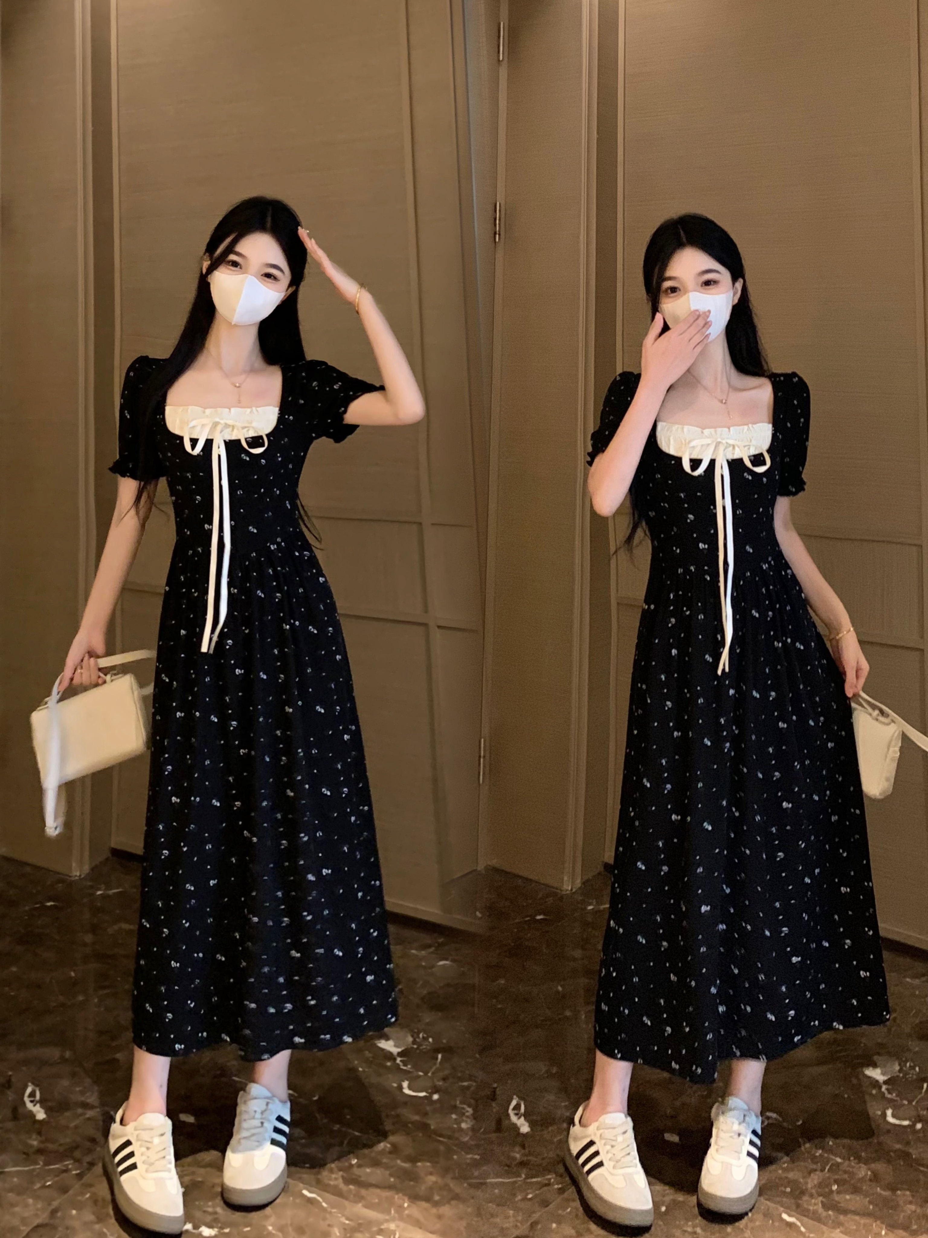 FA34042# ～大码女装夏季新款韩版百搭碎花方领系带拼接显瘦连衣裙 服裝批發女裝批發服飾貨源