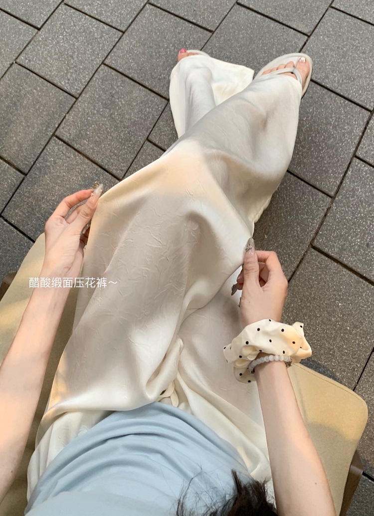실사 아세트산 새틴 엠보싱 캐주얼 바지 여름 도루 센스 루즈핏 와이드 레그 팬츠 펌프 로프 하이웨이스트 바닥 청소 바지