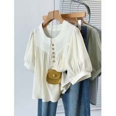 批发实拍2026夏装新款<b class='q'>胖</b><b class='q'>mm</b>大码女韩版折皱拼接显瘦正肩衬衣上衣