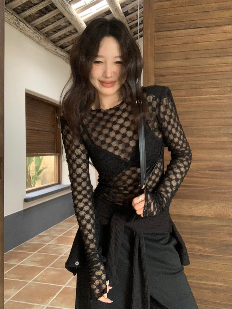 경관 그림 핫걸 자수 망사 긴팔 티셔츠 여성 작은 대중 Chic 블라우스 허리 수축 슬림해 보이는 맨위