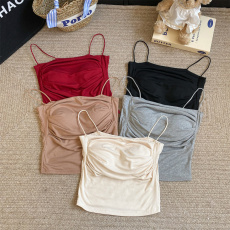 批发夏季褶皱莫代尔立体显胸带胸垫吊带背心甜辣妹修身外穿打衣衫上衣