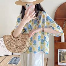 批发日系原宿风小清新印花翻领短袖衬衫女韩版宽松上衣潮百搭夏季