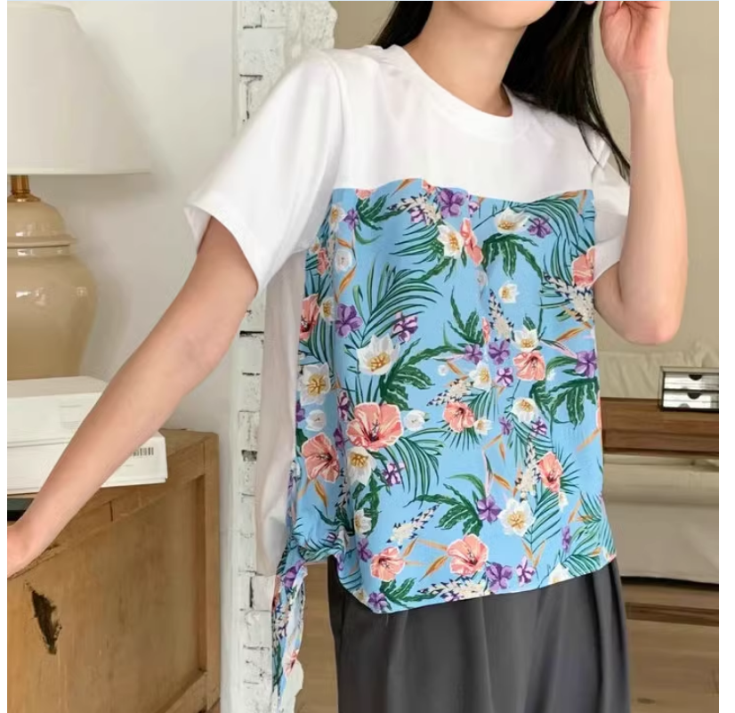LN38240# 韩国东大门女装夏季新款papalagi圆领花朵系带短袖T恤 服裝批發女裝批發服飾貨源