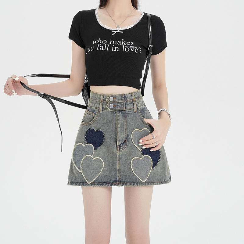 Real shot ~ High waisted A-line denim skirt for women 2024 summer new style sweet and cool love embroidery design skirt