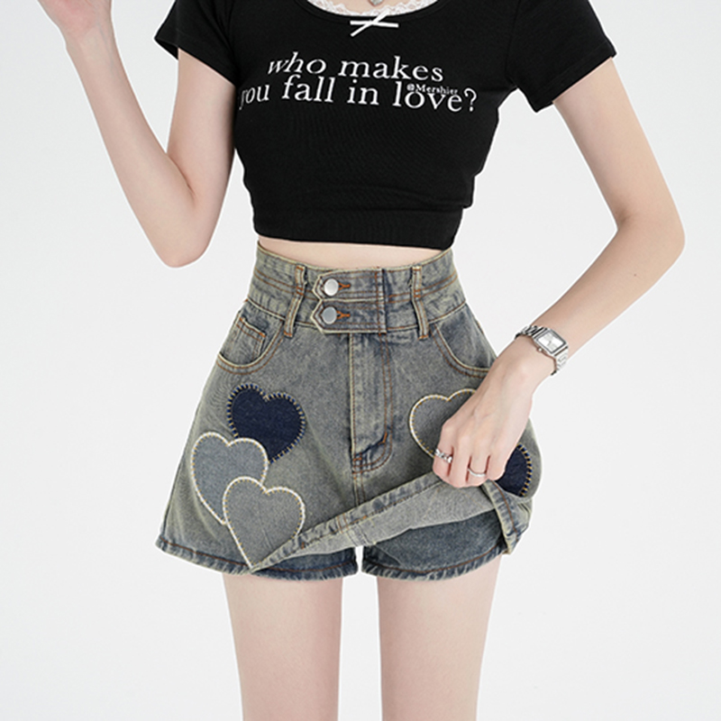 Real shot ~ High waisted A-line denim skirt for women 2024 summer new style sweet and cool love embroidery design skirt