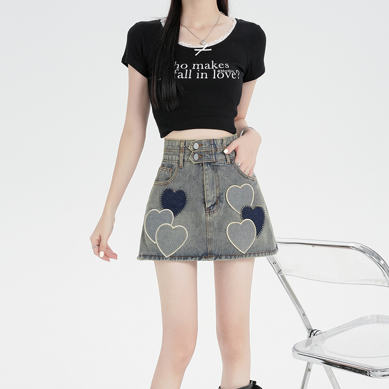 Real shot ~ High waisted A-line denim skirt for women 2024 summer new style sweet and cool love embroidery design skirt