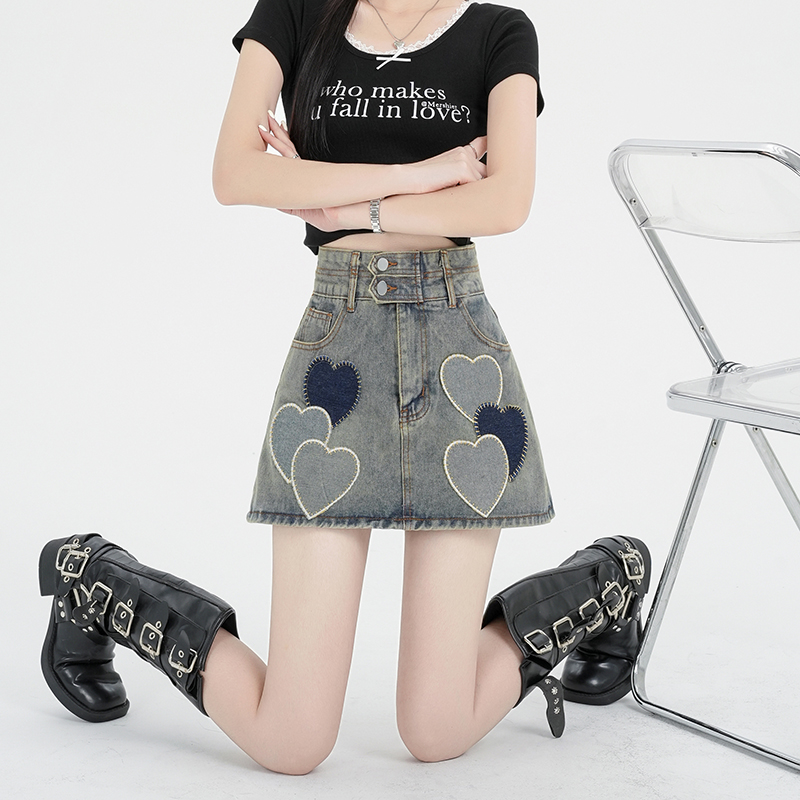 Real shot ~ High waisted A-line denim skirt for women 2024 summer new style sweet and cool love embroidery design skirt