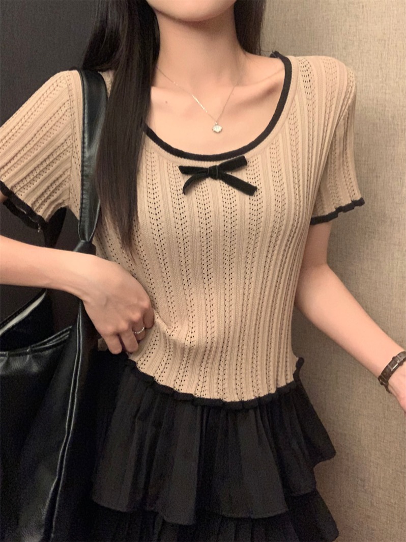PF12916#蝴蝶结T恤女针织短款显瘦上衣夏女裝貨源服裝批發