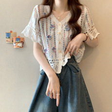 批发实拍实价 新版复古夏季刺绣<b class='q'>镂空</b>拼色设计感短袖上衣