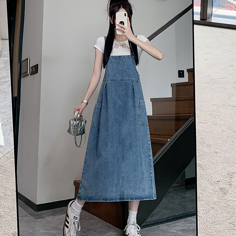 Actual shot~Summer new niche design suit skirt, retro Hepburn style denim suspender dress for women