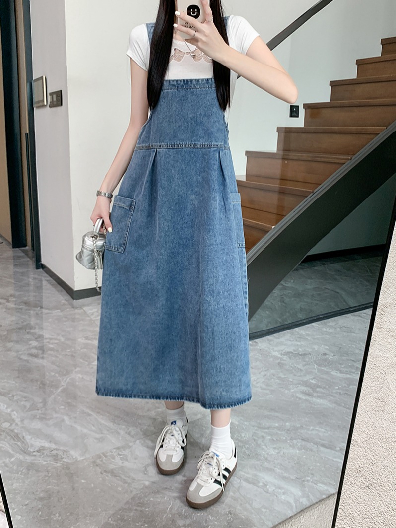 Actual shot~Summer new niche design suit skirt, retro Hepburn style denim suspender dress for women