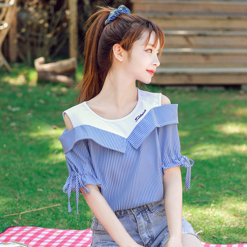 FA16123# 夏季新款短袖韩版露肩条纹T恤显瘦刺绣雪纺衫上衣女 服裝批發女裝批發服飾貨源