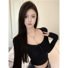 批发纯欲甜辣妹性感低胸U领上衣女春秋设计感小众白色长袖打底衫内搭