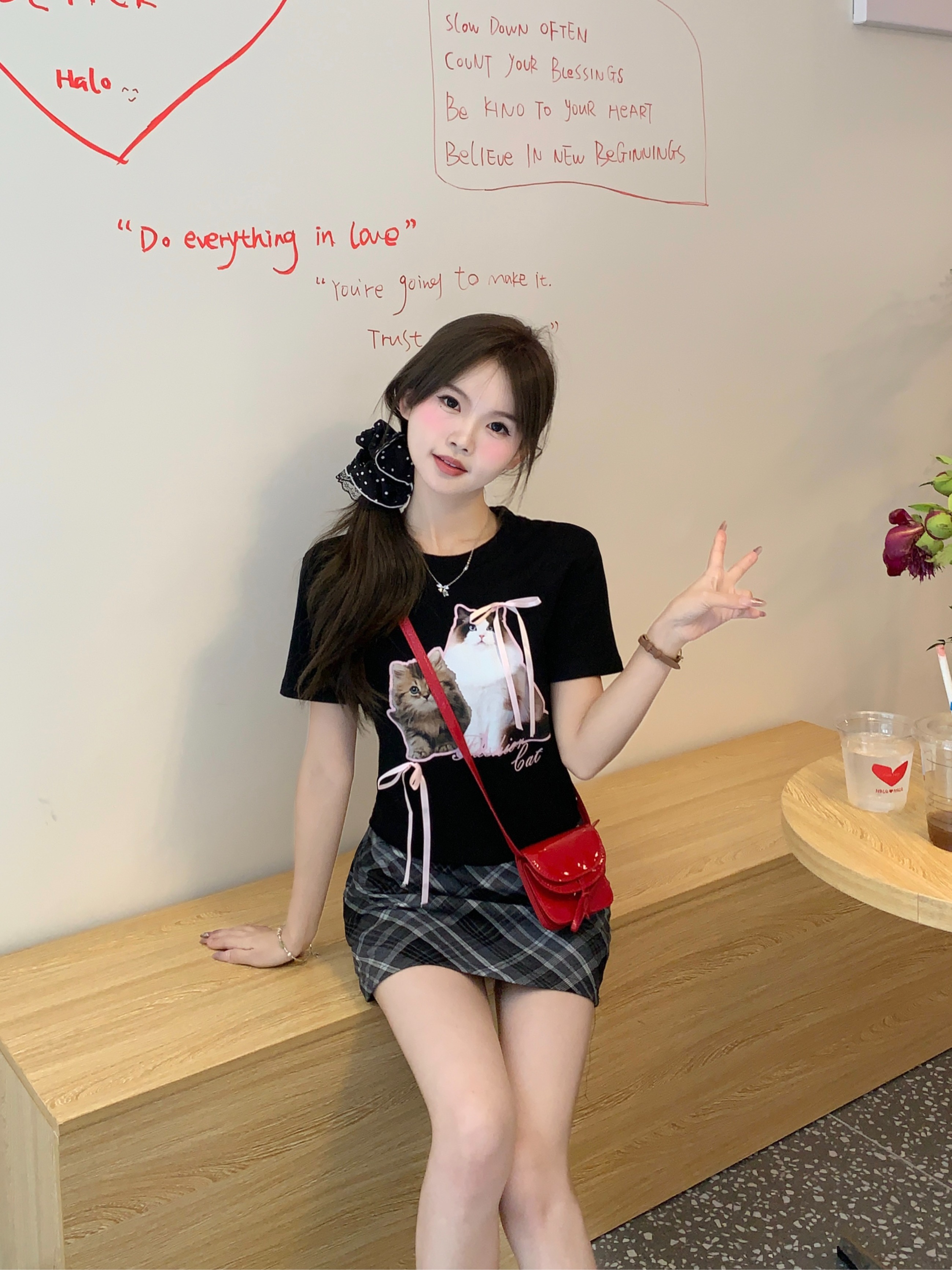 LN39412# 韩系猫咪上衣+格子半裙 服裝批發女裝批發服飾貨源