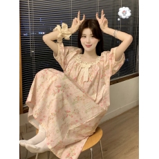 批发带胸垫<b class='q'>睡衣</b><b class='q'>纯棉</b>印花田园女短袖甜美蕾丝蝴蝶结宽松家居服连衣裙