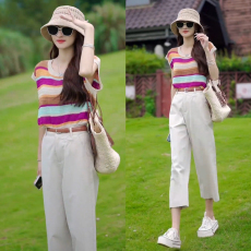 批发2026<b class='q'>夏</b>季新款镂空撞色无袖条纹宽松上衣+纯色宽松简约9分裤休闲裤