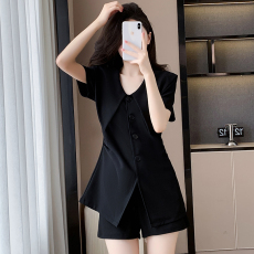 批发大码女装2026夏季新款时尚气质V领修身弹力减龄娃娃大领子套装