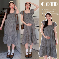 批发实拍现现~ 孕妇夏装<b class='q'>连衣裙</b>中长款宽松外出洋气潮妈孕妇装格子裙子