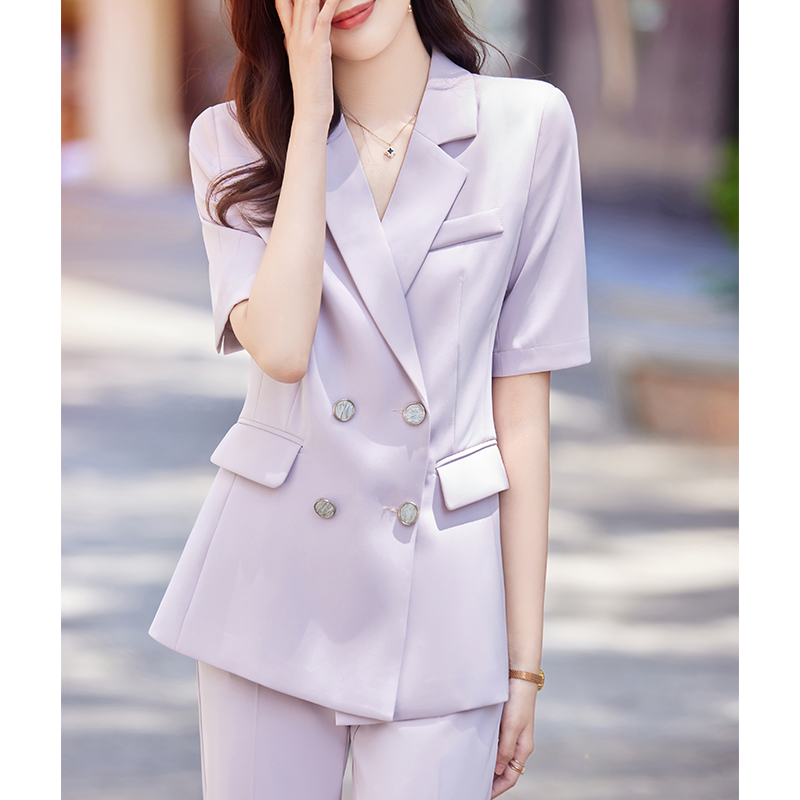 LN39550# 时尚韩版紫色西服套装女夏季新款高级感气质双排扣短袖西装薄 服裝批發女裝批發服飾貨源