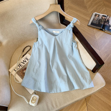 批发实拍韩系扭结v领无袖背心衬衫女夏季宽松显瘦外穿小衫高级感上衣