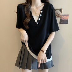 批发实拍~大码胖mm拼接假两件针织短袖t恤夏新款洋气减龄百搭上衣女