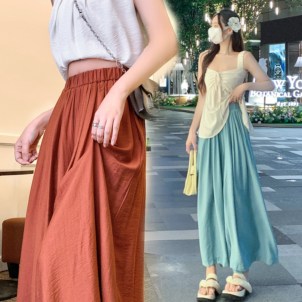 FA36543# 日系轻薄透气百搭松紧腰高腰遮跨大阔腿裤裙休闲裤女九分裤 服裝批發女裝批發服飾貨源