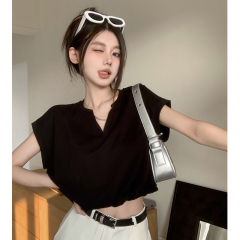 Design Sweet and Spicy Girl V-neck Straight Shoulder Sleeveless Vest T-shirt Women's Summer Casual Loose High Waist Short Style Short Sleeve Top 