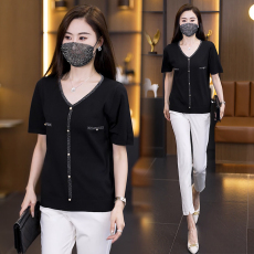 批发2026夏季新款V领正肩冰丝短袖T恤大码<b class='q'>女装</b>拼色微<b class='q'>胖</b>mm<b class='q'>针织衫</b>上衣