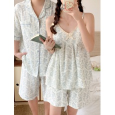 批发实拍实价 新款夏季情侣睡衣纯棉甜美吊带胸垫女男短袖家居服套装