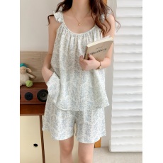 批发实拍实价 睡衣女夏季纯棉女士吊带荷叶边短裤套装碎花家居服