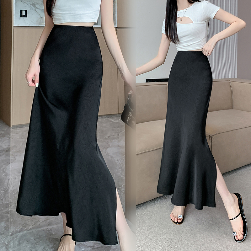 MY5593# 大码简约奢华高腰斜裁鱼尾半身裙旁开叉真丝缎面及地长裙女裝貨源服裝批發