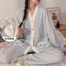 批发 L-3XL 针织彩棉月子服睡衣春秋季孕妇固定胸垫套装