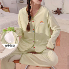 批发 L-3XL 针织彩棉月子服睡衣春秋季孕妇固定胸垫套装