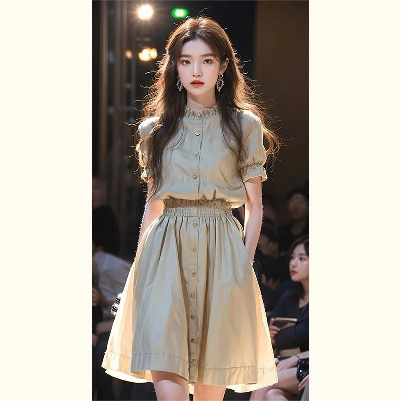 작은 키 디스플레이 높음 고급 절묘한 프랑스식 허리 수축 녹색 면 린넨 아마 점프 슈트 치마 2026 새로운 여성 여름