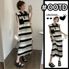 批发现货#孕妇夏装连衣裙2025新款小众设计感无袖露背polo领条纹裙子
