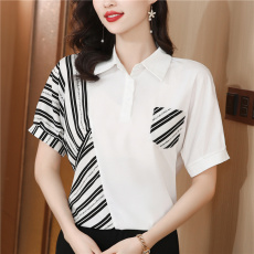 批发欧货气质短袖<b class='q'>桑蚕丝</b>衬衣夏季休闲显瘦百搭条纹拼接polo领雪纺衬衫