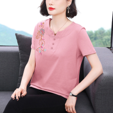 批发<b class='q'>妈妈装</b>2026夏新款短袖女T恤高级感宽松显瘦刺绣上衣女圆领