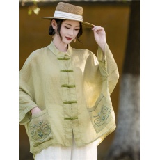 批发重新出货 衬衣女刺绣大口袋国风古韵宽松大码上衣新中式盘扣<b class='q'>开衫</b>