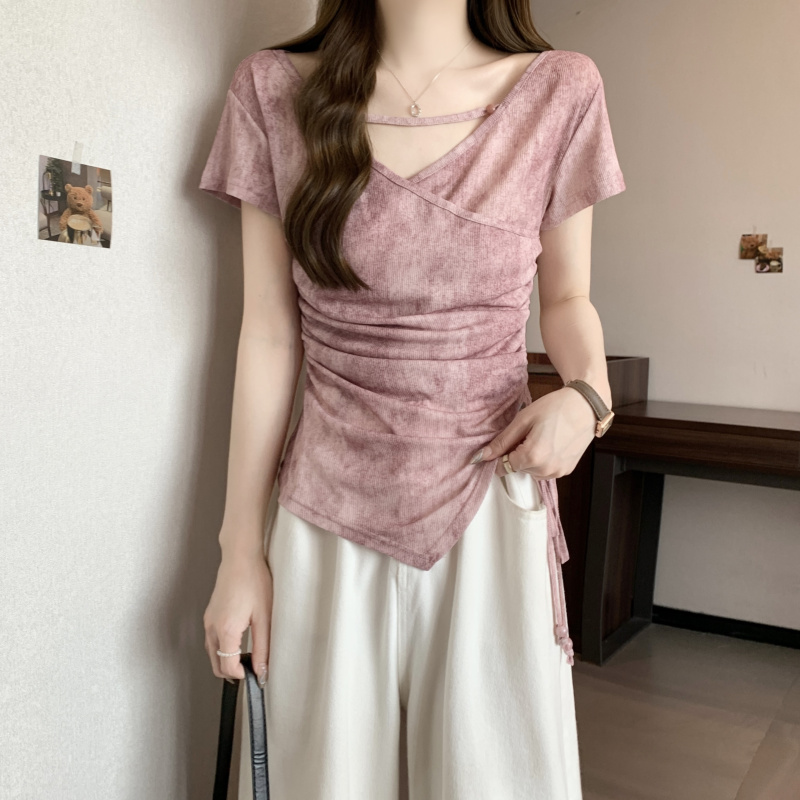 실사 빅 사이즈 여성 의류 지방 mm 레트로 품격 홀치기 염색 순수한 욕망 바람이 아닙니다. 규칙 티셔츠 맨위 슬림해 보이는