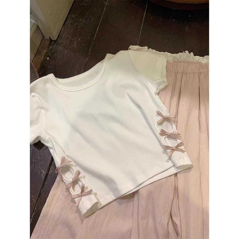 Original fabric 2024 new pure desire hollow bow slim hot girl right shoulder short sleeve T-shirt