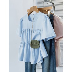 批发<b class='q'>实拍</b>2026夏装新款胖mm<b class='q'>大码</b>女甜美减龄设计感拼接圆领短袖小衫