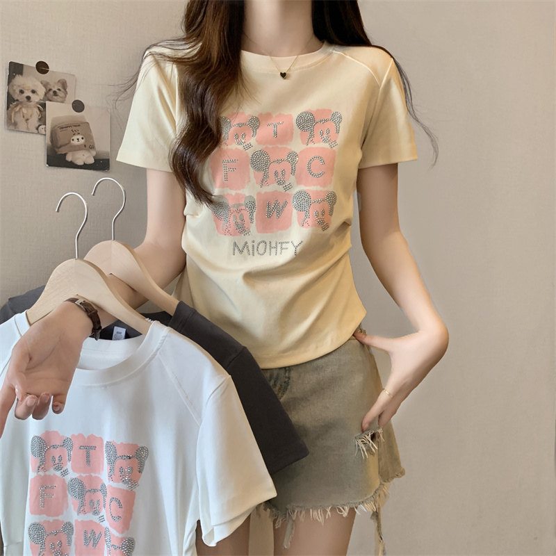 PF13082#棉1*1夏季新款重工刺绣珠片设计圆领短袖T恤女潮