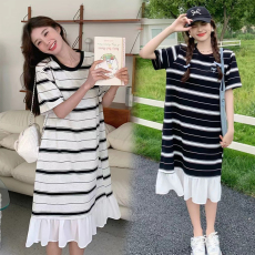 批发孕妇装夏季新款针织条纹连衣裙中长款韩版休闲<b class='q'>外出</b>哺乳裙