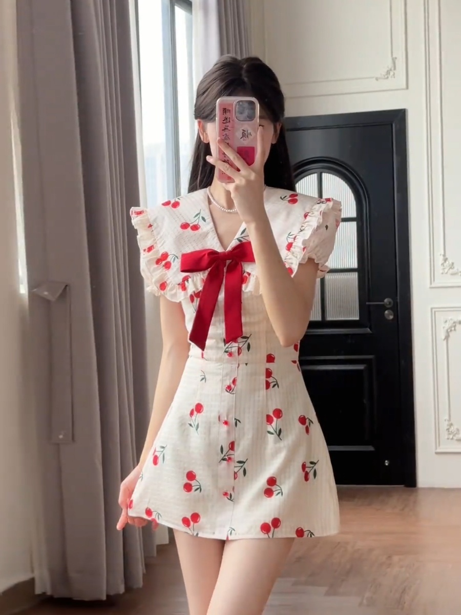 MY9959# 浪漫氛围感樱桃印花连衣裙女新款甜美风蝴蝶结设计感减龄初恋短裙女裝貨源服裝批發