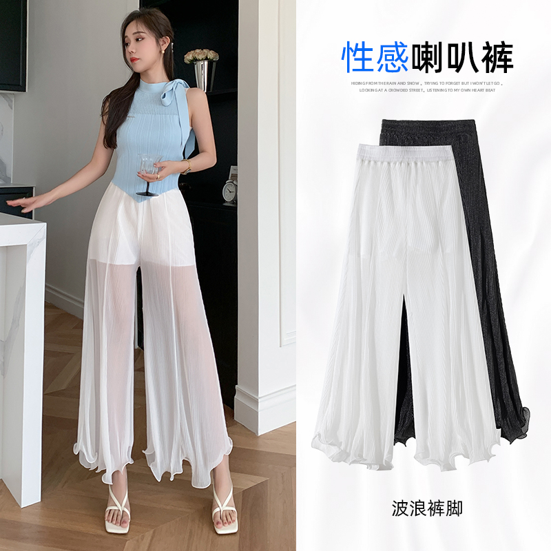 PF18953#夏季新款薄款百褶网纱仙女裙宽松阔腿休闲裤九分裤女女裝貨源服裝批發