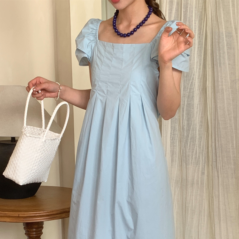 실사 신선함 baby 블루 복잡한 고대 칼라 디자인 거품 소매 허리 수축 레이스업 롱 코트 드레스