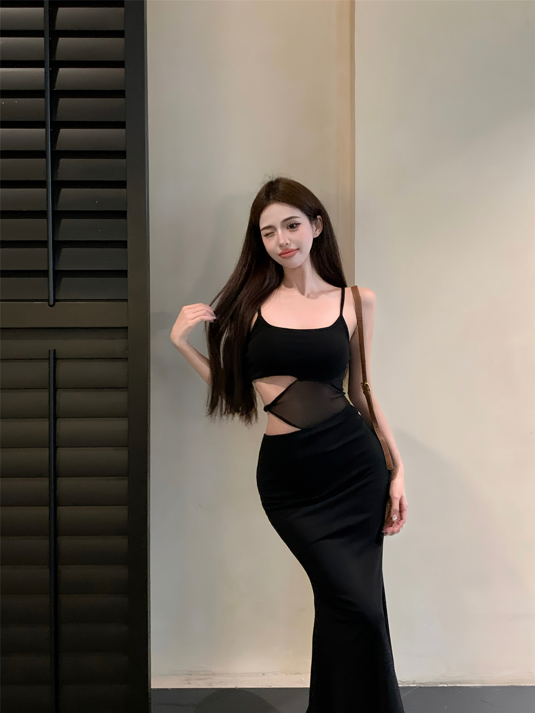 Real shot!  Temperament mesh stitching hollow suspender dress summer design black high waist pure desire long skirt